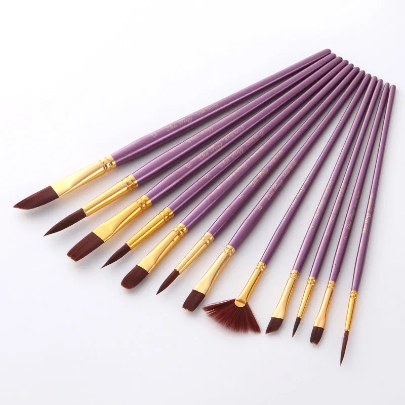 12 PCs Nylon Hair Brush Purple Rod Watercolor Brush Pens Set