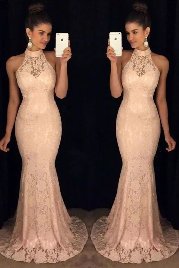 2024 Gorgeous Lace High Neck Prom Dresses Mermaid PEX1GEK5