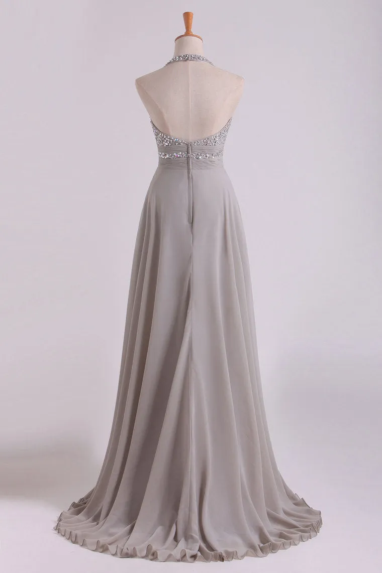 2024 Prom Dresses A Line Halter Floor Length Chiffon