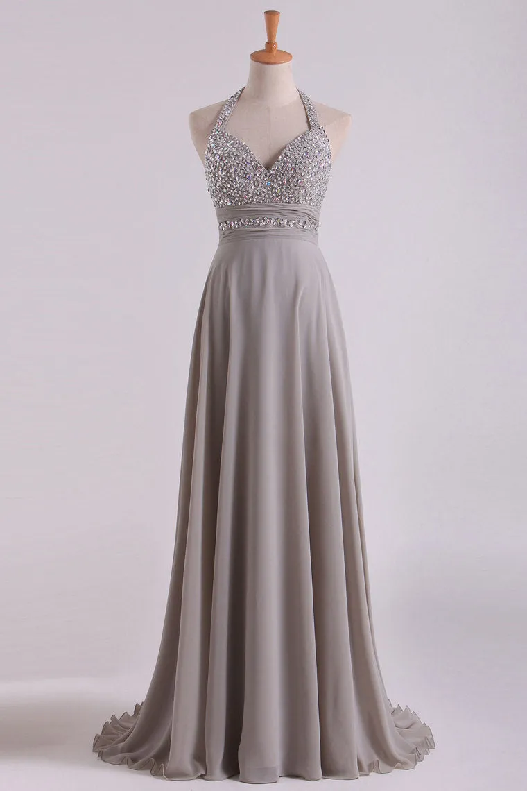 2024 Prom Dresses A Line Halter Floor Length Chiffon