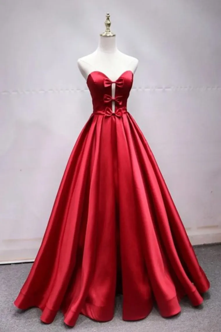 A Line Sweetheart Red Satin Lace Up Long Prom Dresses With Bowknot, Cheap Formal Dresses