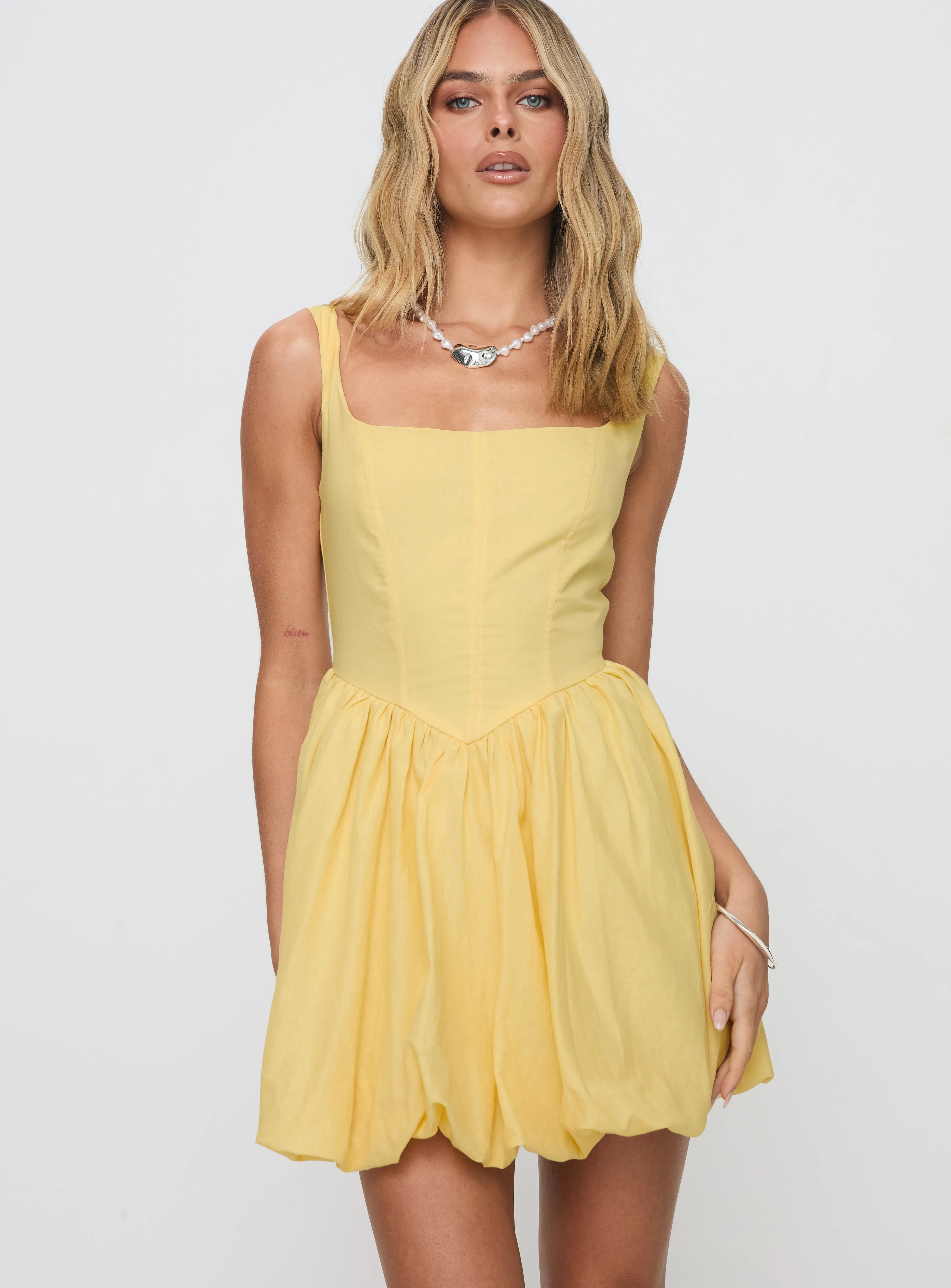 Alcott Bubble Hem Mini Dress Lemon