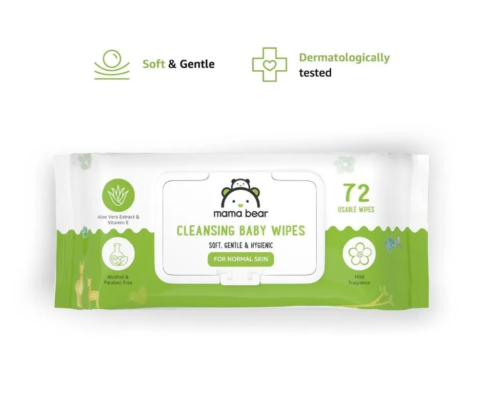 Amazon Brand - Mama Bear Cleansing Baby Wipes With Lid, Enriched with Aloe vera & Vitamin E, Paraben Free, pH Balanced & Dermatologically tested, 72 Count (Pack of 3)