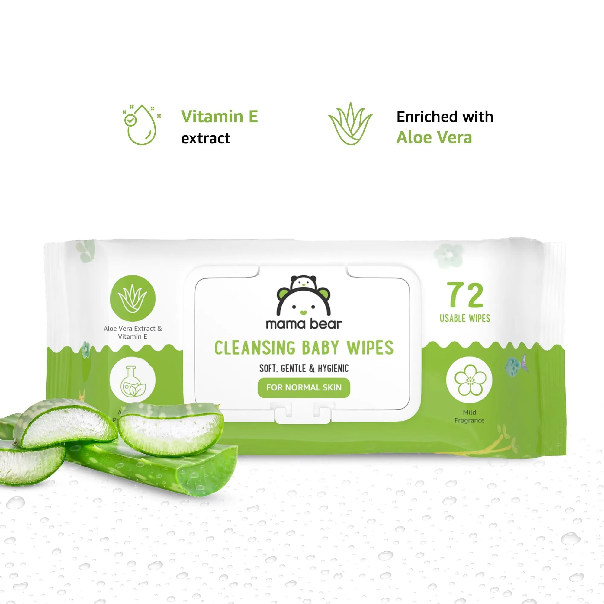 Amazon Brand - Mama Bear Cleansing Baby Wipes With Lid, Enriched with Aloe vera & Vitamin E, Paraben Free, pH Balanced & Dermatologically tested, 72 Count (Pack of 3)