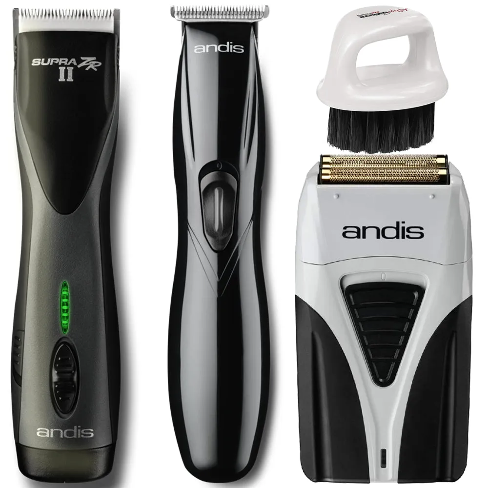 Andis Supra ZR II Cordless CeramicEdge Blade Clipper, Slimline Pro T-Blade Trimmer #32475 and Profoil Cordless Titanium Foil Shaver Kit