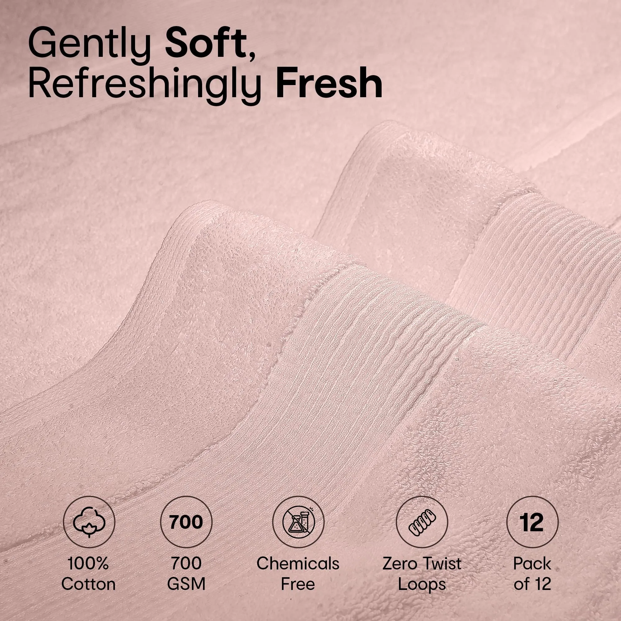 Anko Australia 100% Cotton 700 GSM Plush Face Towel | Set of 12 | Super-Soft, Absorbent, Quick-Drying | Soft Pink Towel for Men, Women & Kids | 33x33 cm |Travel, Gym, Spa Towel