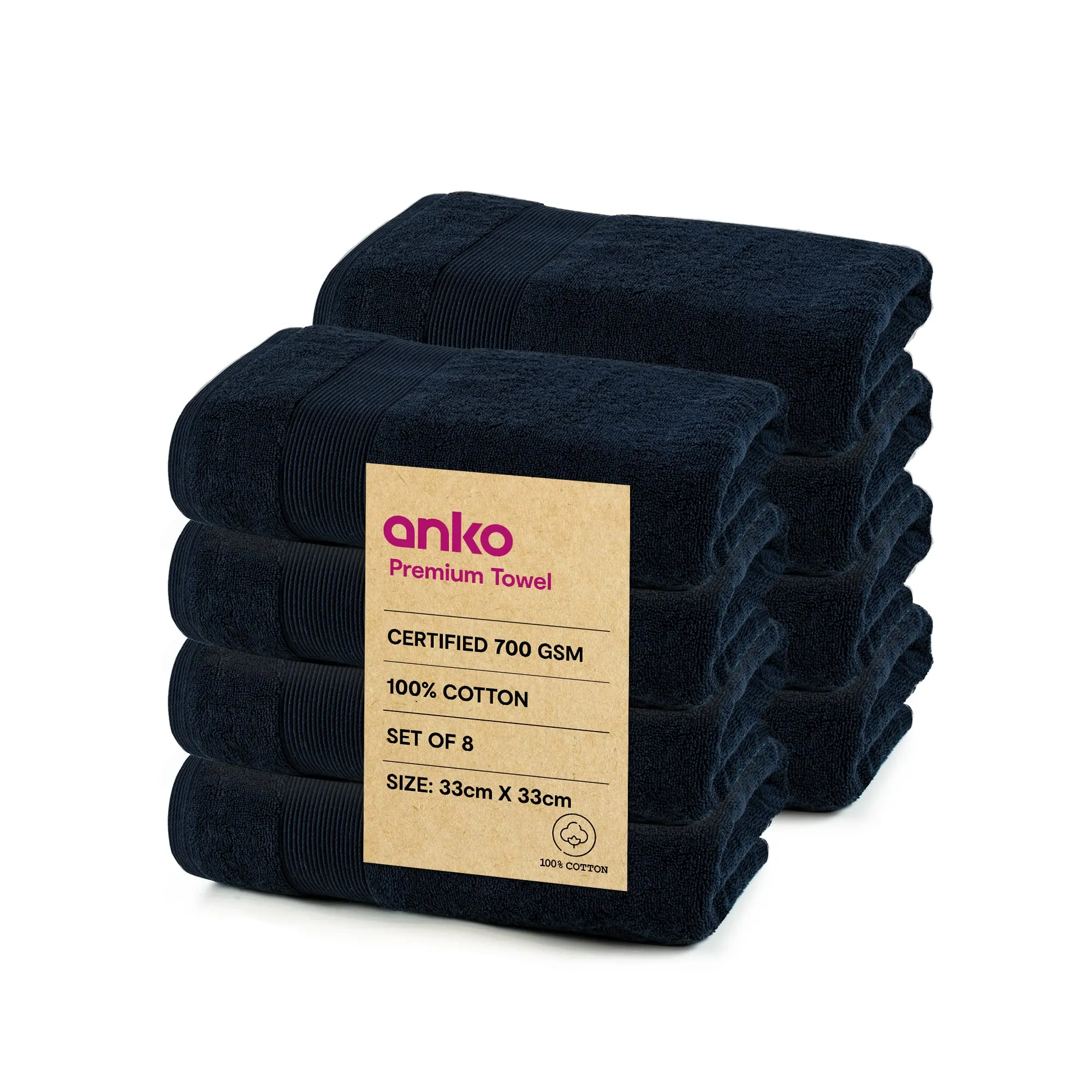 Anko Australia 100% Cotton 700 GSM Plush Face Towel | Set of 8 | Super-Soft, Absorbent, Quick-Drying | Navy Blue Towel for Men, Women & Kids | 33x33 cm |Travel, Gym, Spa Towel