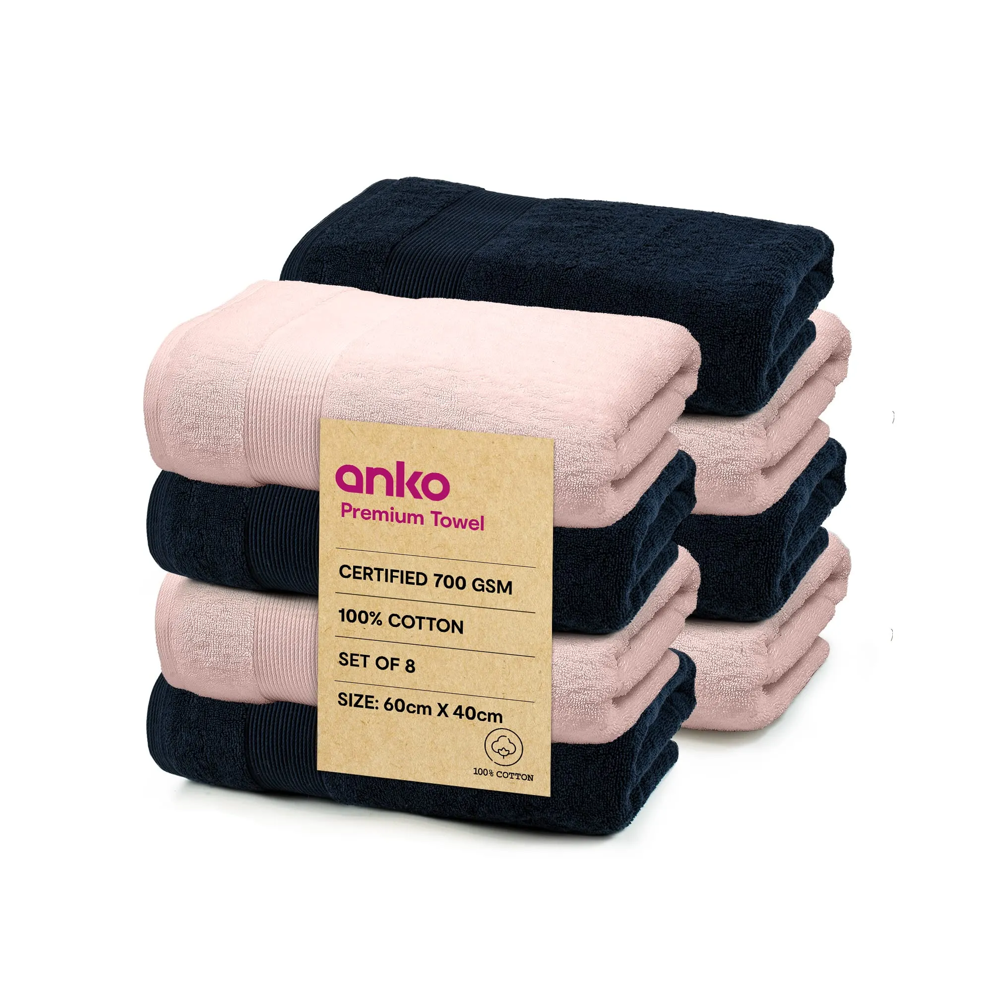 Anko Australia 100% Cotton 700 GSM Plush Hand Towel | Set of 8 | Super-Soft, Absorbent, Quick-Drying | Navy Blue & Pink Towel for Men, Women & Kids | 60x40 cm |Travel, Gym, Spa Towel