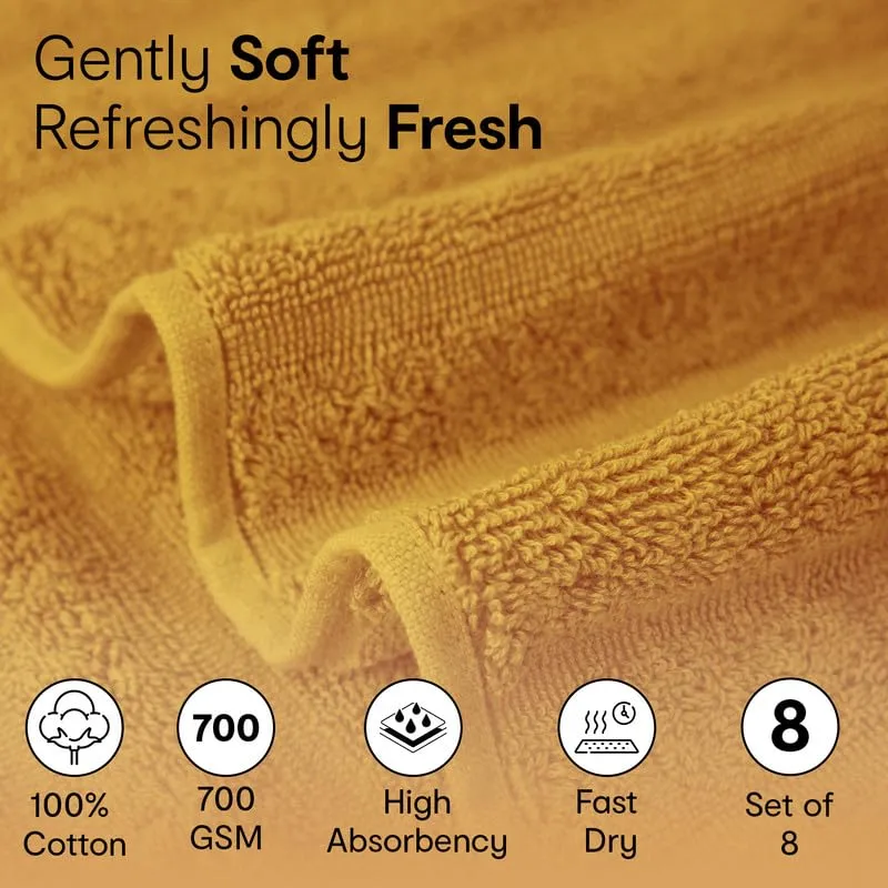 Anko Australia 100% Cotton 700 GSM Ribbed Face Towel | Set of 8 | Super-Soft, Absorbent, Quick-Drying | Mustard Towel for Men, Women & Kids | 33x33 cm |Travel, Gym, Spa Towel