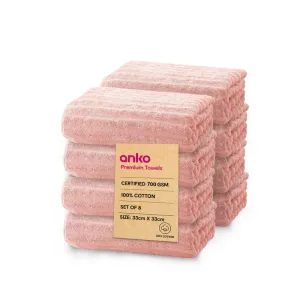 Anko Australia 100% Cotton 700 GSM Ribbed Face Towel | Set of 8 | Super-Soft, Absorbent, Quick-Drying | Pink Towel for Men, Women & Kids | 33x33 cm |Travel, Gym, Spa Towel