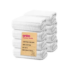 Anko Australia 100% Cotton 700 GSM Ribbed Face Towel | Set of 8 | Super-Soft, Absorbent, Quick-Drying | White Towel for Men, Women & Kids | 33x33 cm |Travel, Gym, Spa Towel