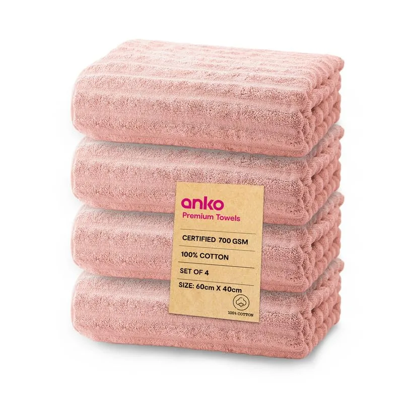 Anko Australia 100% Cotton 700 GSM Ribbed Hand Towel | Set of 4 | Super-Soft, Absorbent, Quick-Drying | Pink Towel for Men, Women & Kids | 60x40 cm |Travel, Gym, Spa Towel