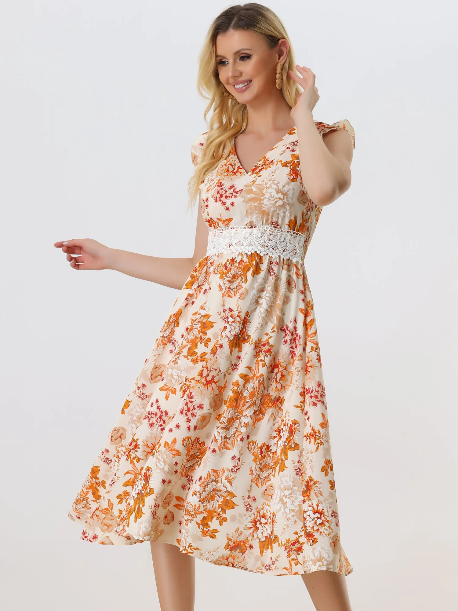 Boho Chic V Neck Lace Insert Waist Midi Floral Sundress