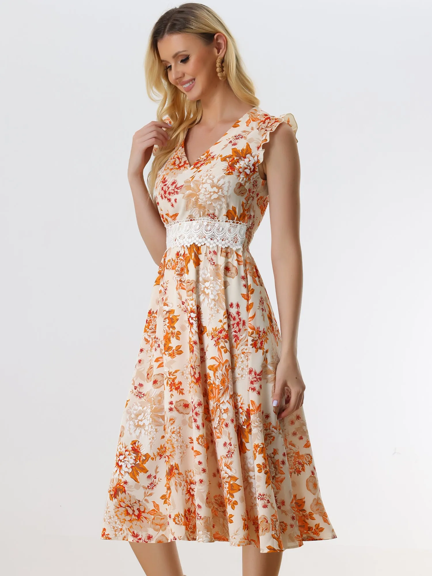 Boho Chic V Neck Lace Insert Waist Midi Floral Sundress