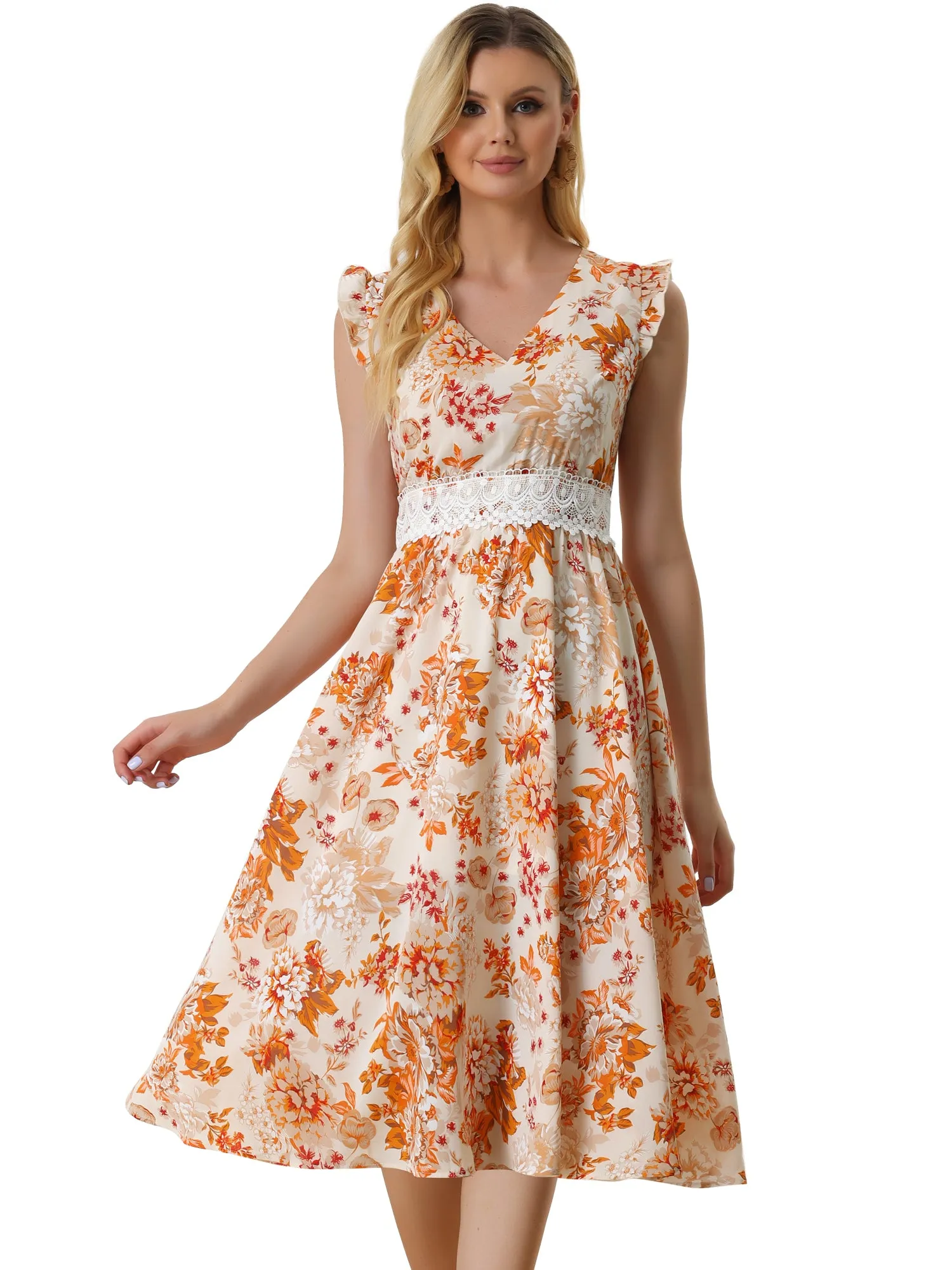 Boho Chic V Neck Lace Insert Waist Midi Floral Sundress