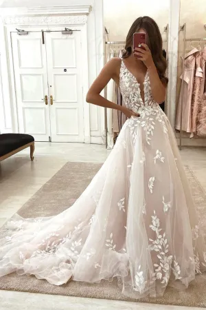 Chic A-line Straps V-neck Sleeveless Appliques Wedding Dress With Lace