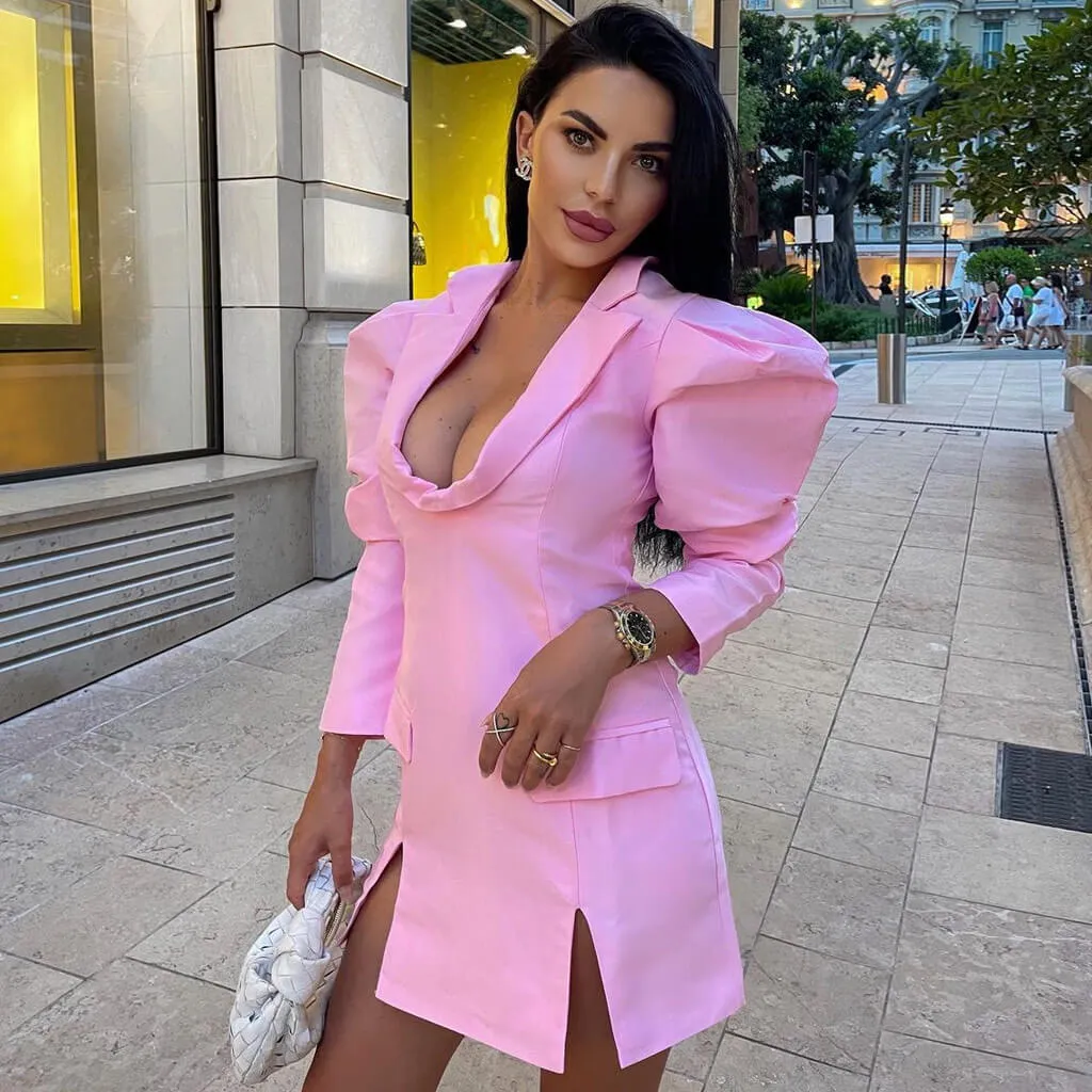 Chic Puff Sleeve Slit Front Deep V Mini Blazer Dress - Pink