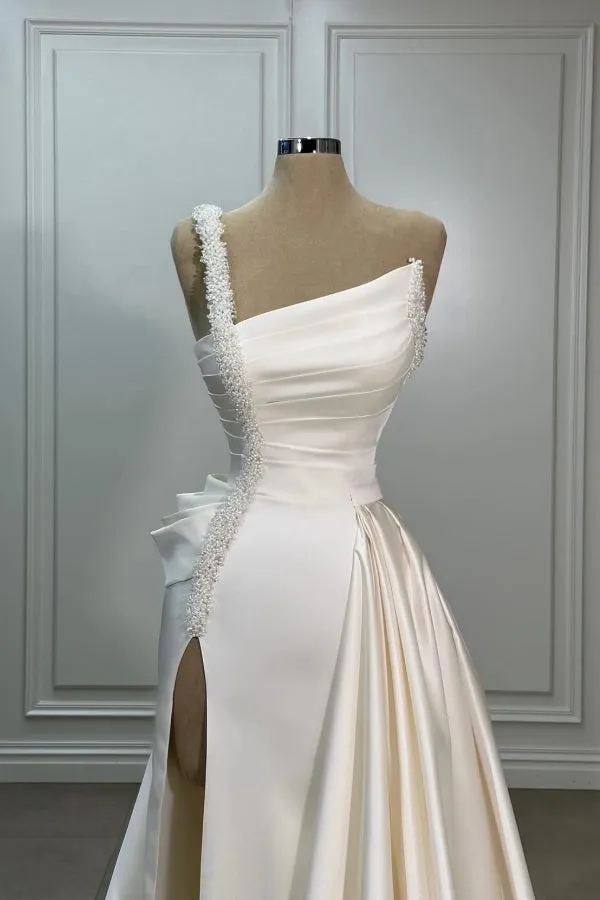 Elegant Long Ivory A-line One Shoulder Pearls Satin Sleeveless Wedding Dress with Slit