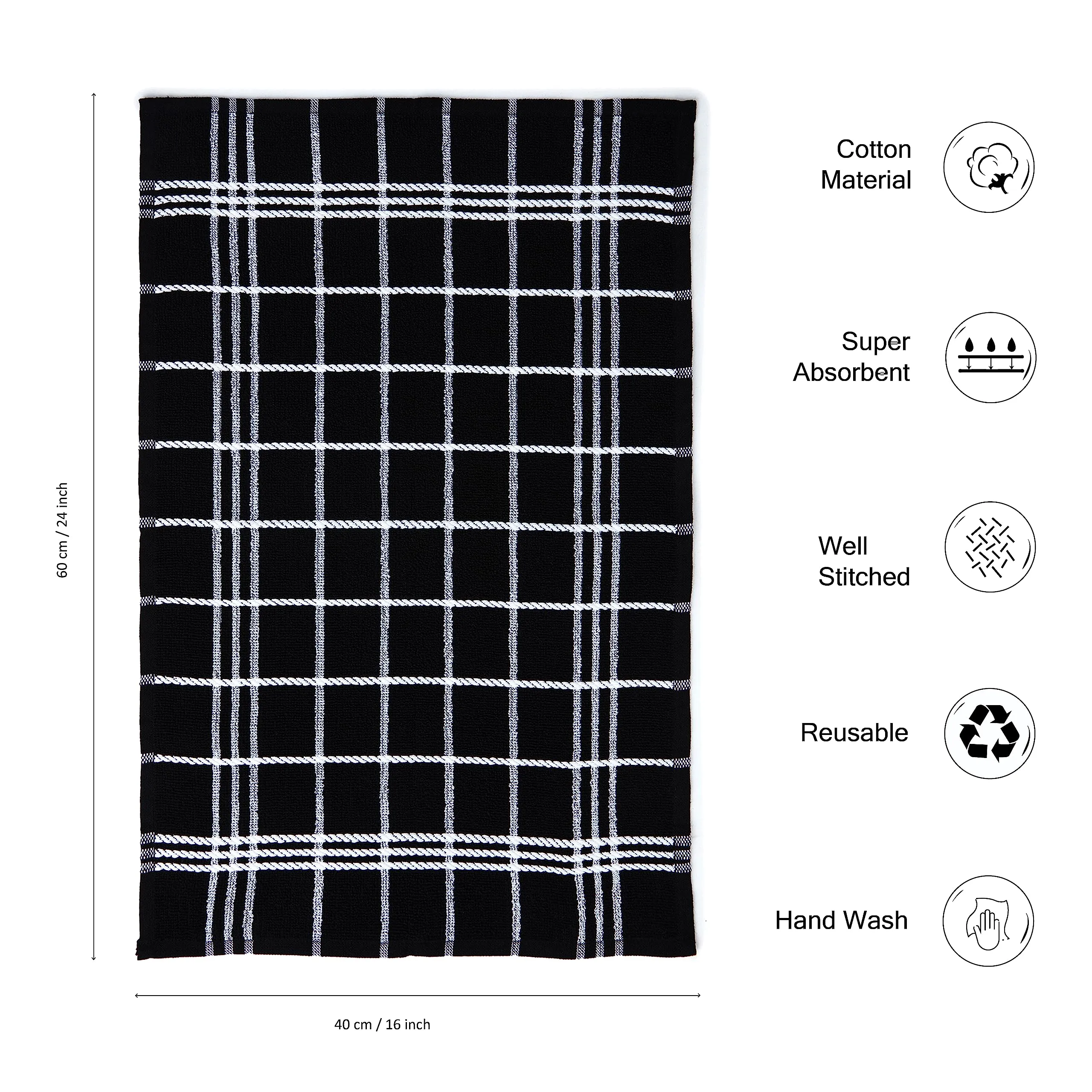 Encasa Cotton Mono Check Black Terry Kitchen Towels Pack of 4 - Quick Drying Dishes, Soft & Absorbent, Reusable Hand Towels for Kitchen, Restaurant & Bars - 60x40 cm