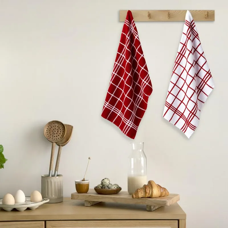 Encasa Cotton Mono Check Red Terry Kitchen Towels Pack of 4 - Quick Drying Dishes, Soft & Absorbent, Reusable Hand Towels for Kitchen, Restaurant & Bars - 60x40 cm