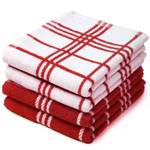 Encasa Cotton Mono Check Red Terry Kitchen Towels Pack of 4 - Quick Drying Dishes, Soft & Absorbent, Reusable Hand Towels for Kitchen, Restaurant & Bars - 60x40 cm