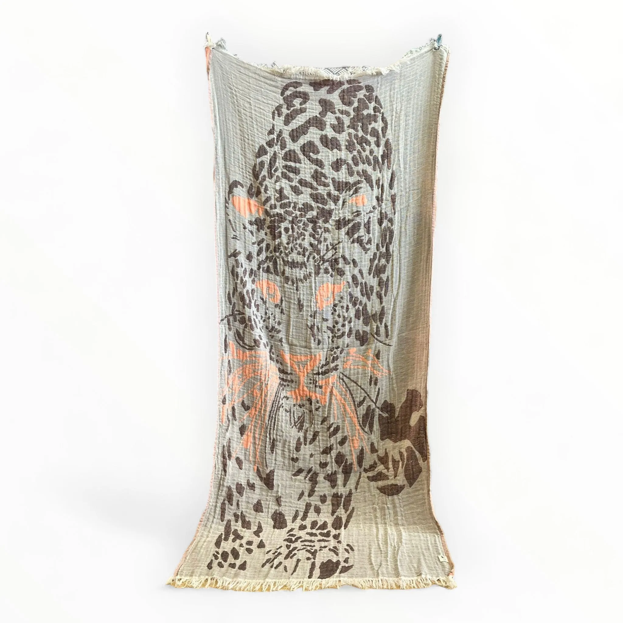 Hand-Woven Three Layers Natural Cotton Turkish Towel Pestemal Leopard Design