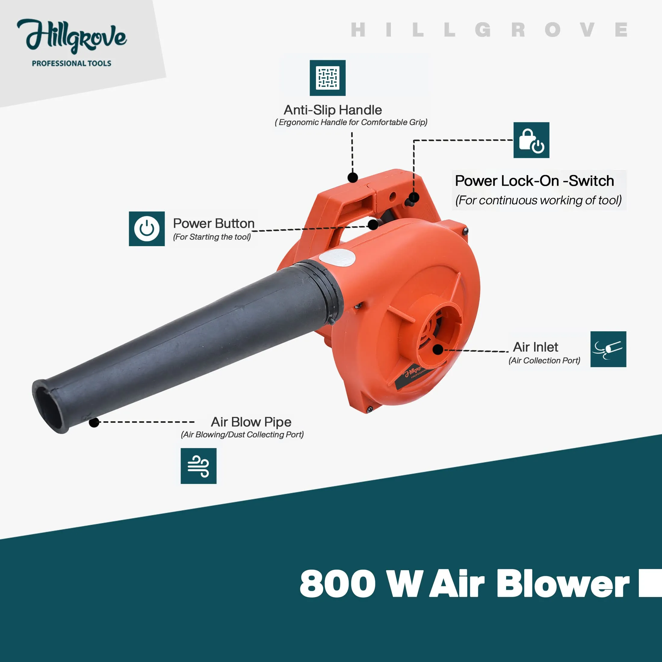 Hillgrove HGBLW3M4 Electric Air Blower and Suction Dust Cleaner 800W/18000RPM for AC/Computer/Home with Air Blower Machine Gun Dust Cleaning Forward Curved Air Blower (Corded Vacuum)