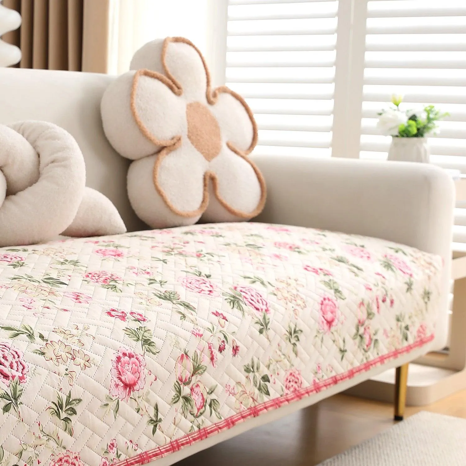 HOKIPO Printed Quilted Sofa Cover L Shape, Beige Peonies