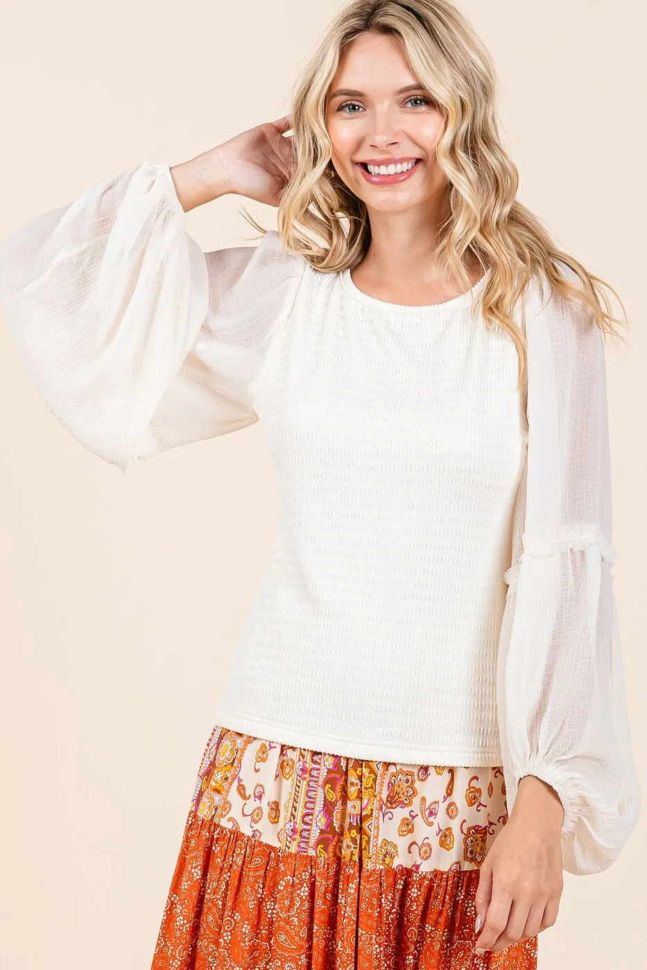 Ivory Textured Knit Chiffon Long Sleeve Top