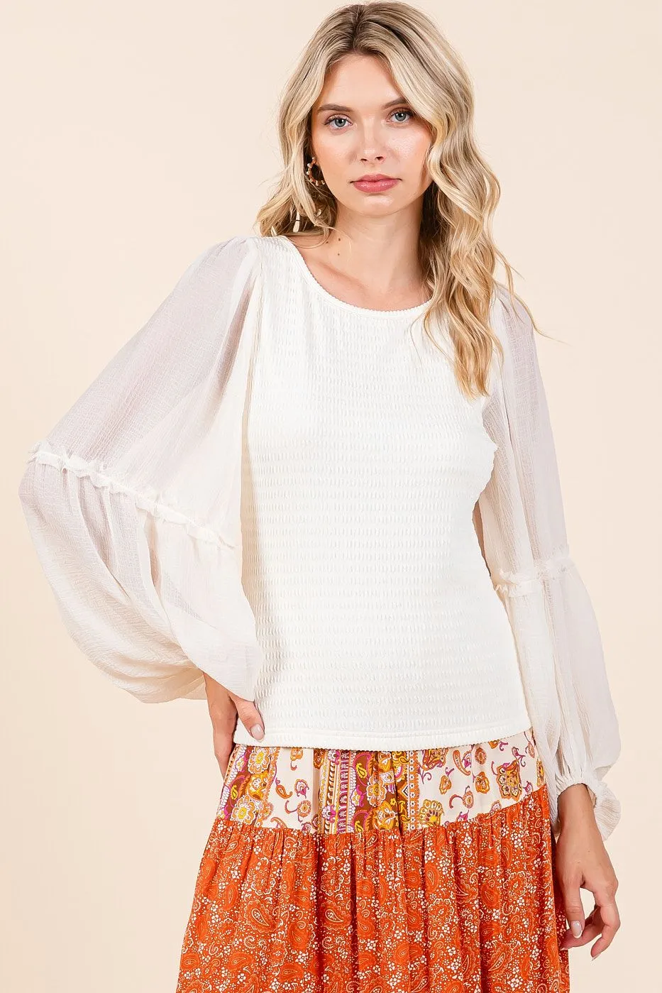 Ivory Textured Knit Chiffon Long Sleeve Top