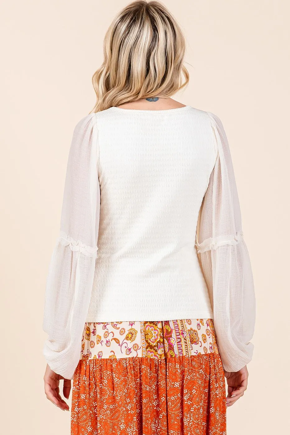 Ivory Textured Knit Chiffon Long Sleeve Top