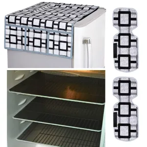 Kuber Industries Checked Design Combo PVC 3 Pieces Fridge Mats, 2 Piece Handle Cover and 1 Piece Fridge Top Cover(Grey)