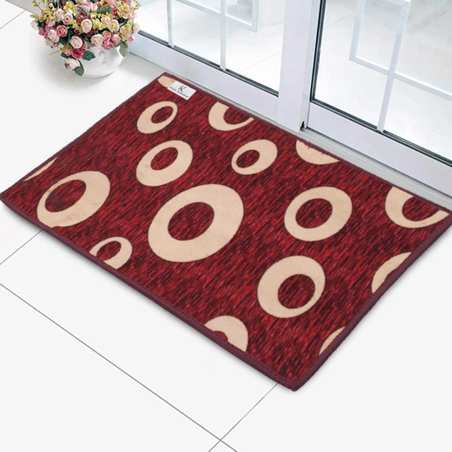 Kuber Industries Circle Print Design Durable Microfiber Door Mat, Heavy Duty Doormat, Indoor Outdoor, Easy Clean, Waterproof, Low-Profile Mats for Entry, Patio, Garage (Set of 2,Maroon)-KUBMART11458