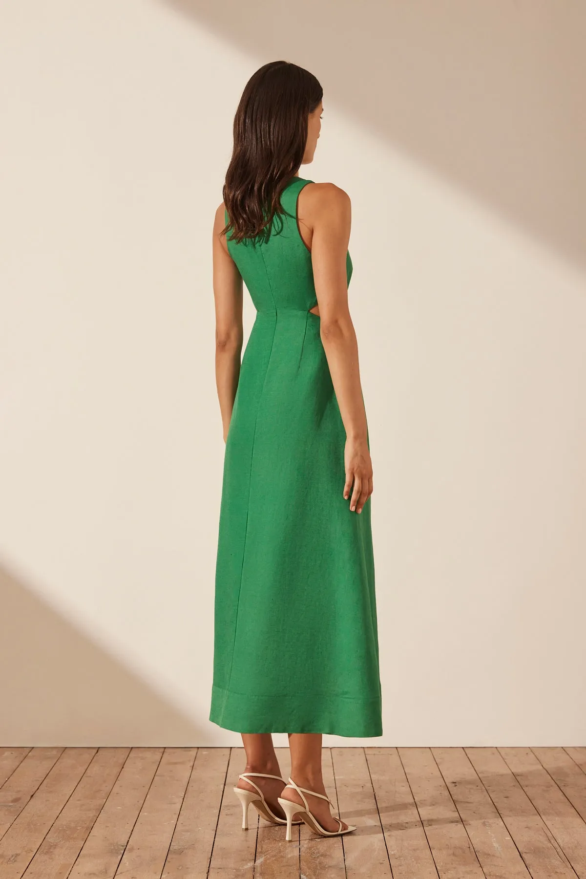 MARE LINEN V NECK CUT OUT MIDI DRESS - TREE GREEN