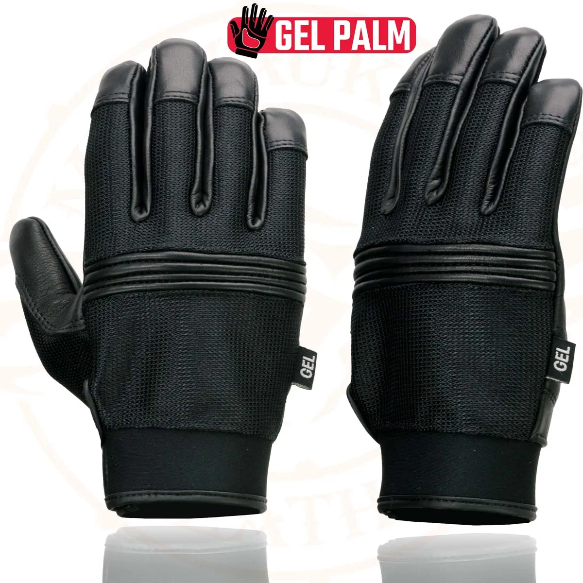 Milwaukee Leather MG7517 Men's Black Leather Mesh Gel Palm Motorcycle Hand Gloves W/ Rubberized Flex Knuckles