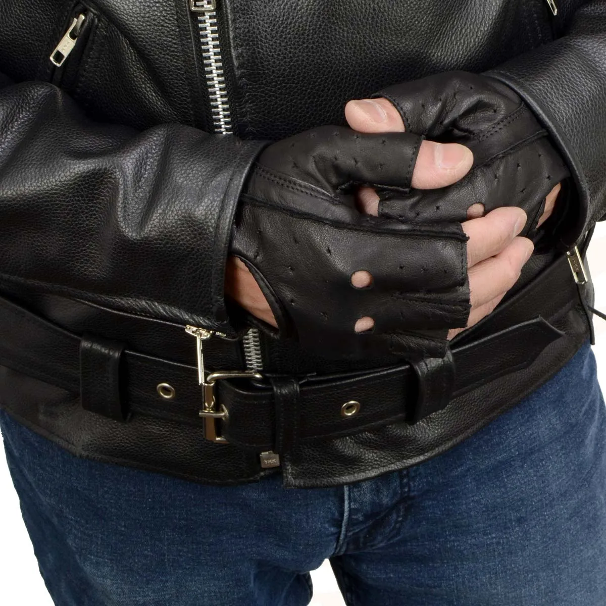 Milwaukee Leather SH195 Men's Black Leather Perforated Gel Padded Palm Fingerless Motorcycle Hand Gloves W/ ‘Open Knuckle’