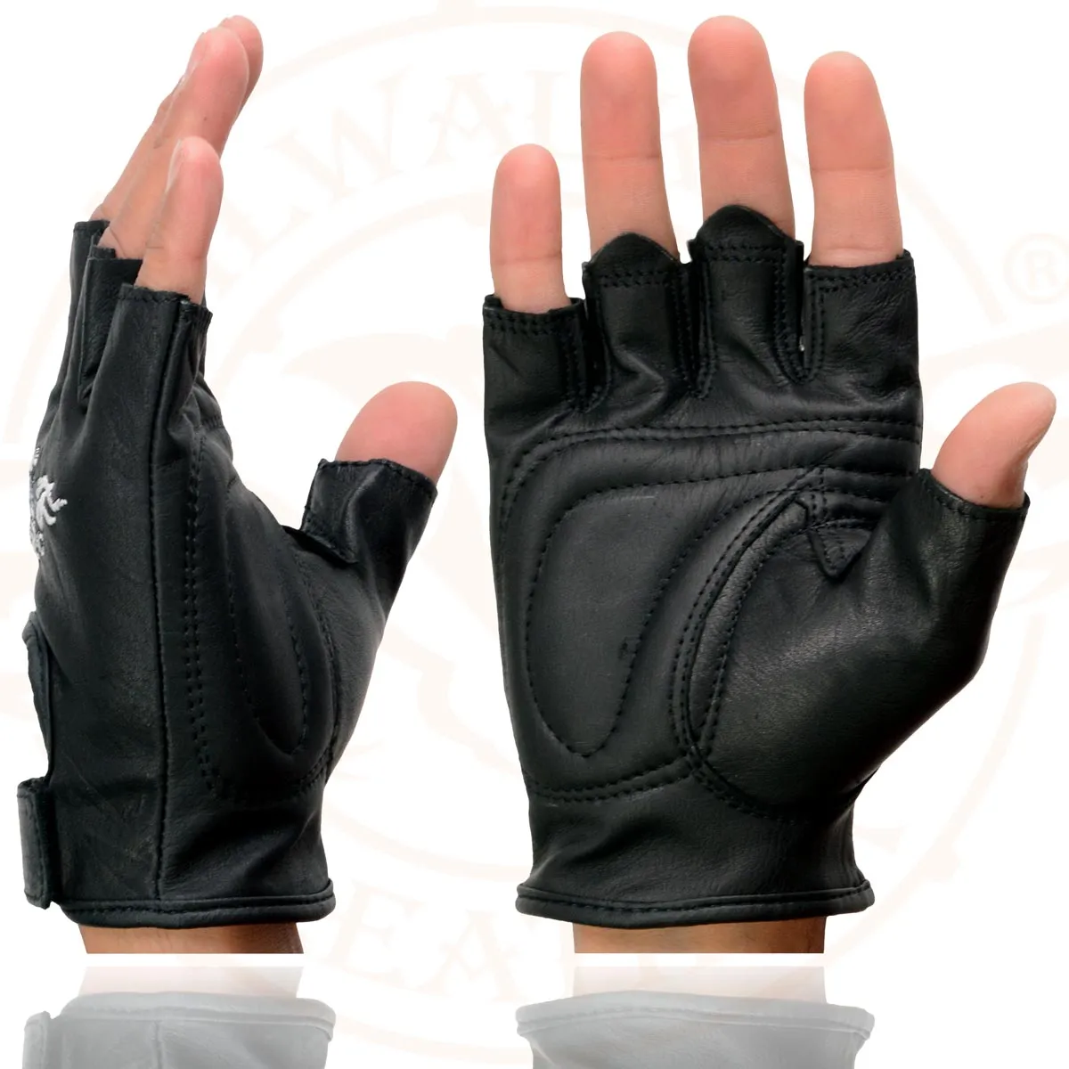 Milwaukee Leather SH352 Men's Black Leather Gel Padded Palm Fingerless Motorcycle Hand Gloves W/ ‘Embroidered Flaming Eagle’