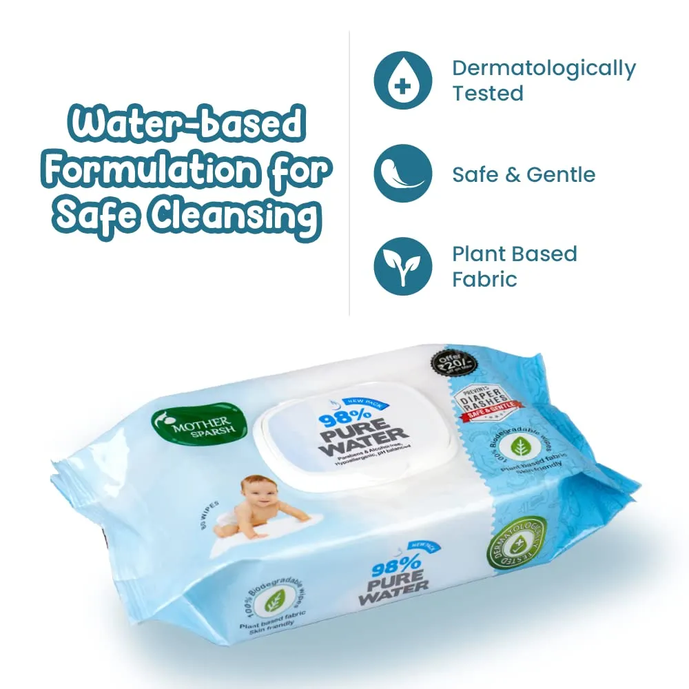 Mother Sparsh 98% Water Based Baby Wipes I Plant made Wet Wipes I 80 Pcs wipes with lid, Pack of 3