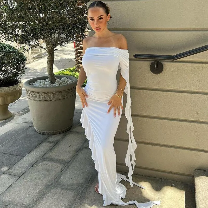 Off-shoulder Backless Ruffle Thigh High Split Maxi Dress