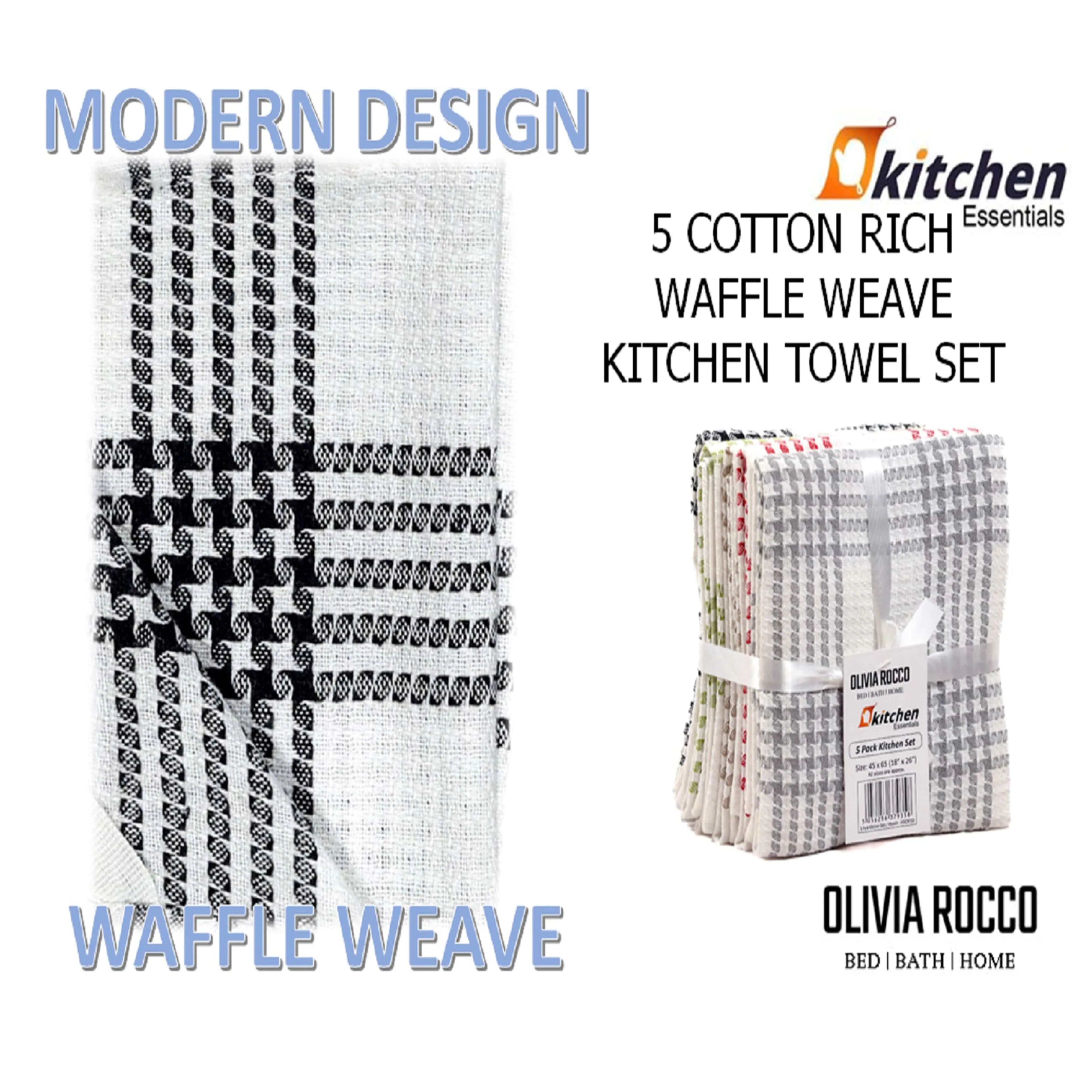 Pack of 5 Super Absorbent Quick Drying Houndstooth Cotton Tea Towels for Kitchen Durable Decorative Dish Towels 45cm x 65cm by OLIVIA ROCCO