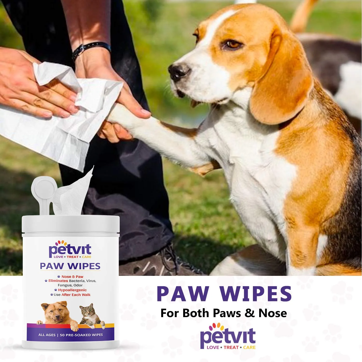 Petvit Nose and Paw Wipes for Jojoba Oil, Coconut Oil, Aloevera, Vitamin E, for eliminates Bacteria, Virus, Fungus, Odor – Paraben Free All Breed Dog & Cat - 50 Wipes for All Age Group (Pack of 2)