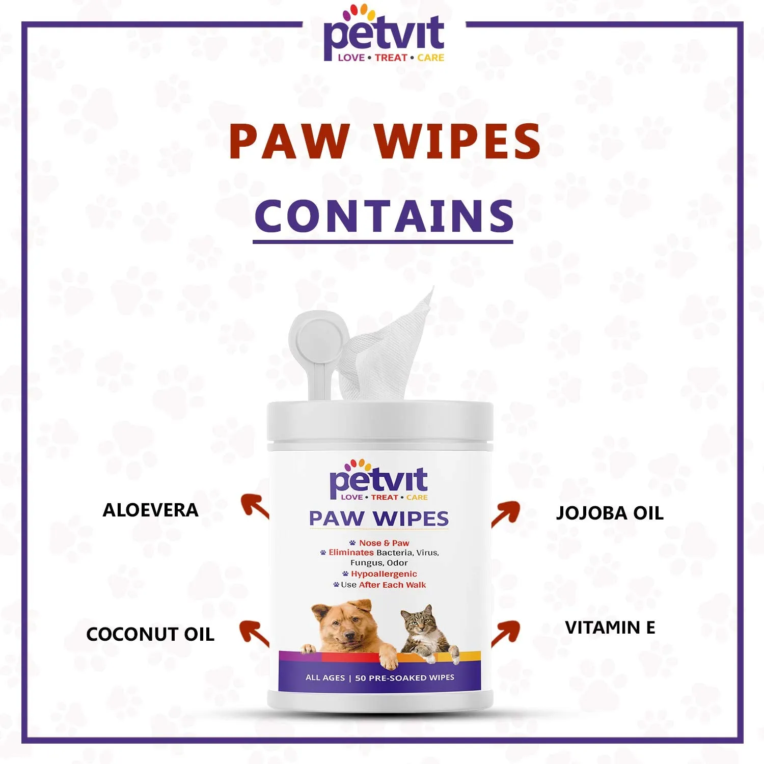 Petvit Nose and Paw Wipes for Jojoba Oil, Coconut Oil, Aloevera, Vitamin E, for eliminates Bacteria, Virus, Fungus, Odor – Paraben Free All Breed Dog & Cat - 50 Wipes for All Age Group (Pack of 2)