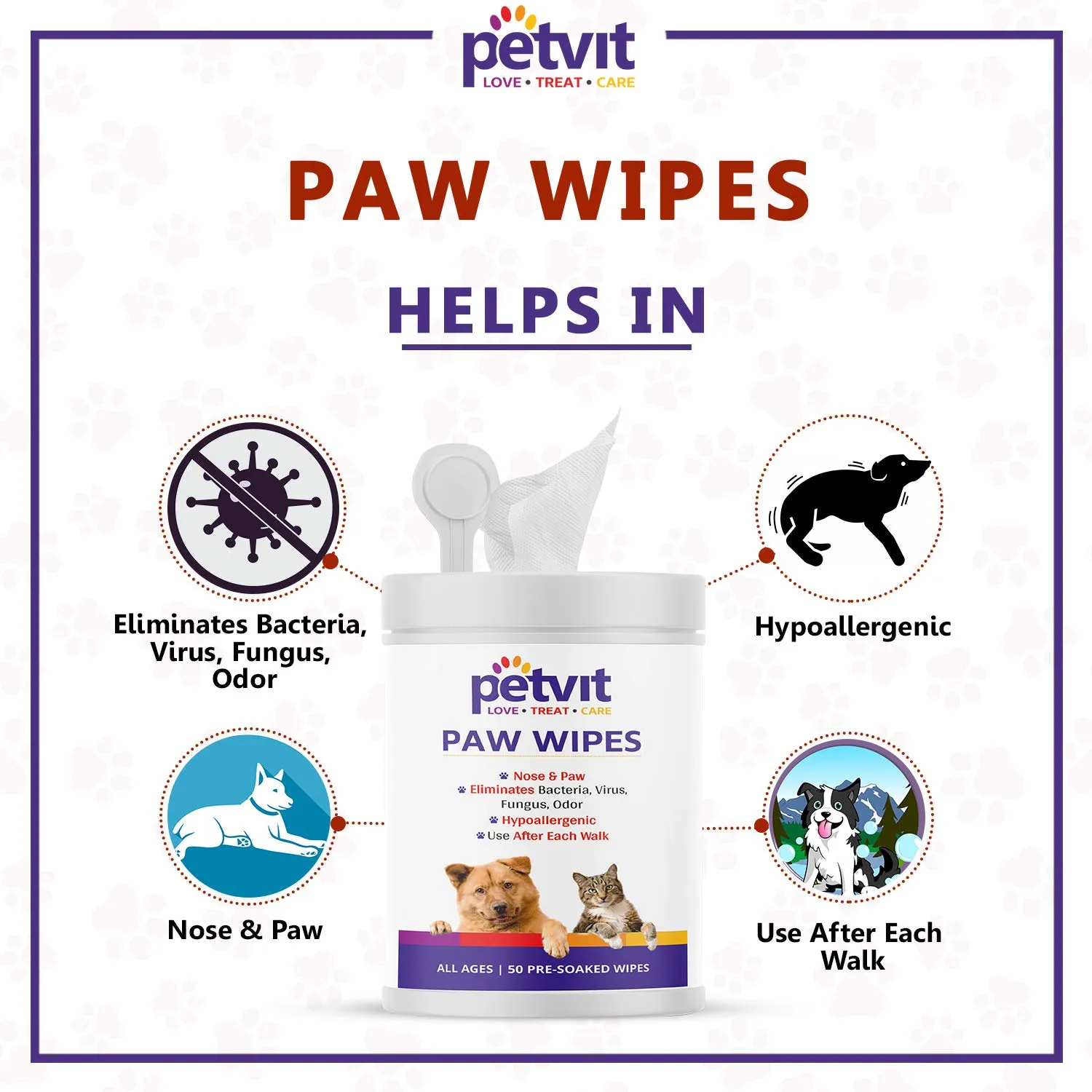 Petvit Nose and Paw Wipes for Jojoba Oil, Coconut Oil, Aloevera, Vitamin E, for eliminates Bacteria, Virus, Fungus, Odor – Paraben Free All Breed Dog & Cat - 50 Wipes for All Age Group (Pack of 2)