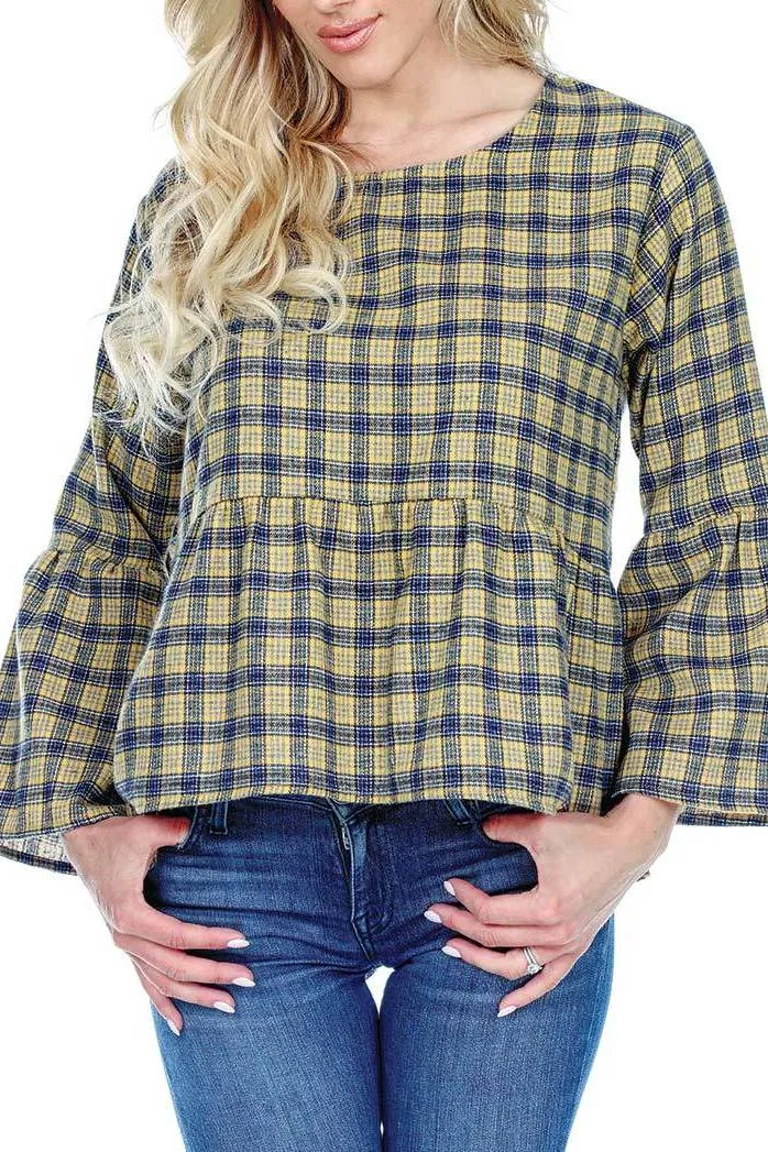 Plaid Cotton Top Bell Sleeves