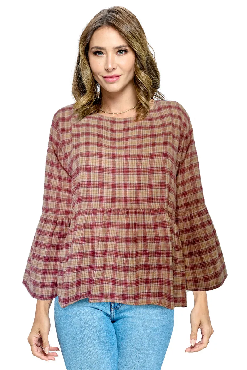 Plaid Cotton Top Bell Sleeves