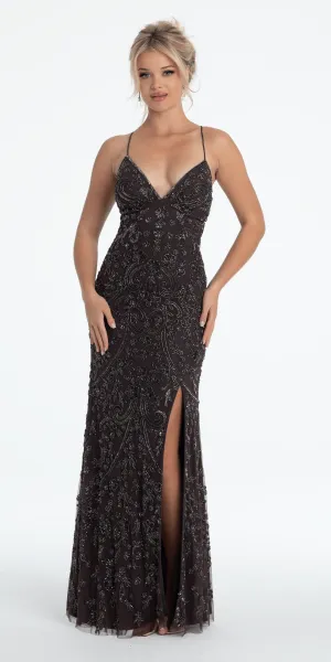 Scroll Pattern Sequin Halter Dress with Side Slit