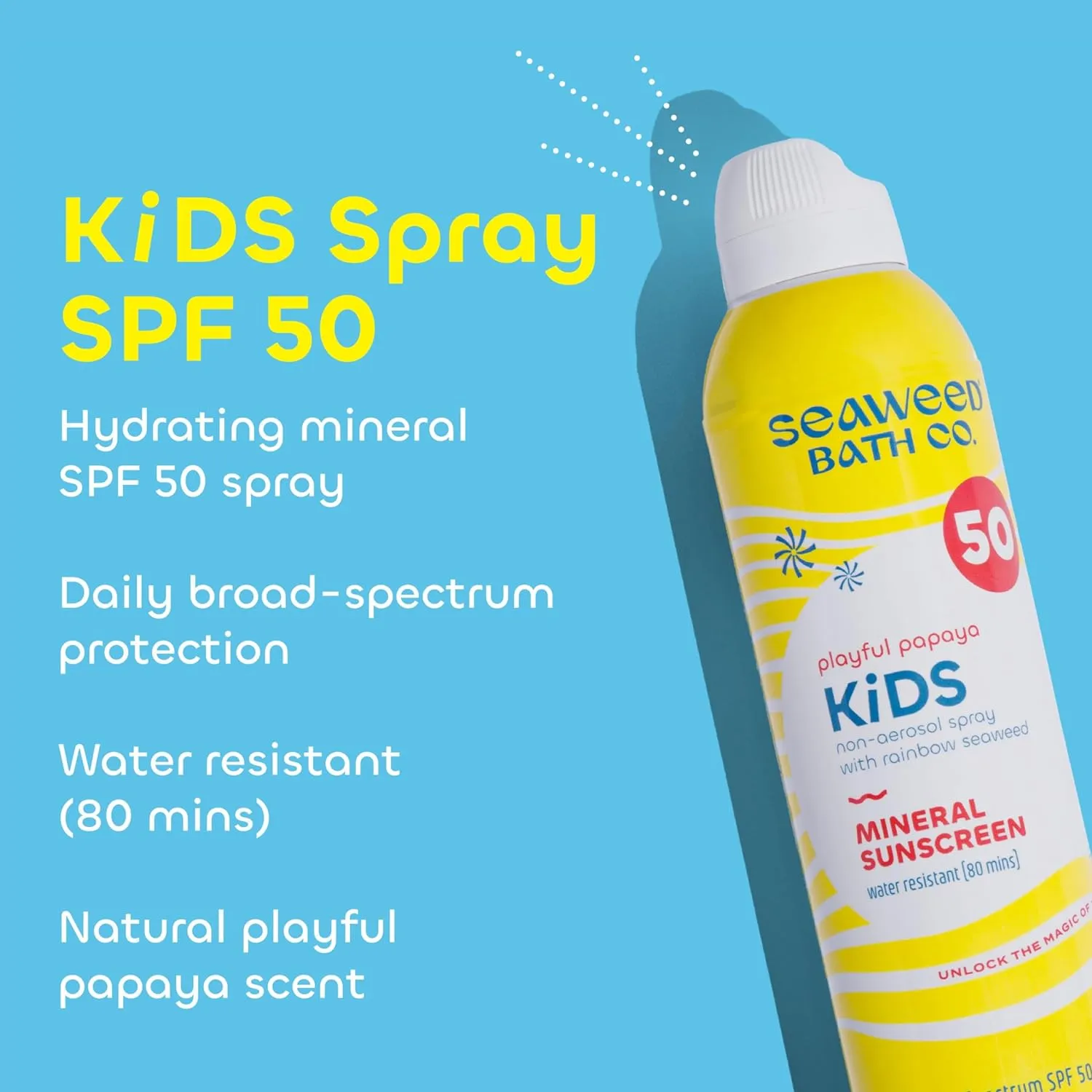 Seaweed Bath Co., Kid's on the Move Mineral SPF 50 Broad Spectrum Zinc Oxide Sunscreen Spray, 6 Oz., Water Resistant, Tear Free Children's Sunblock