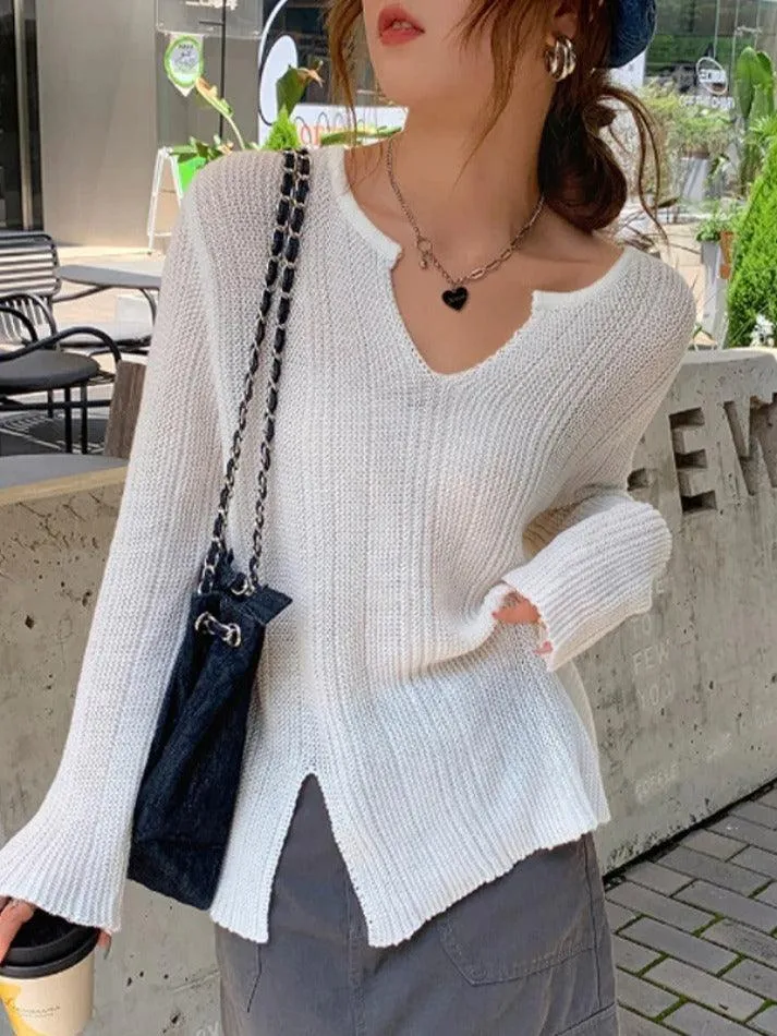 Solid V Neck Slit Thin Long Sleeve Knit