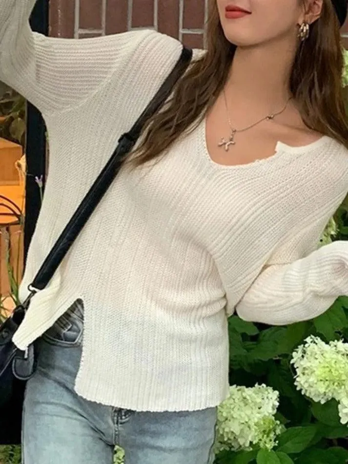 Solid V Neck Slit Thin Long Sleeve Knit