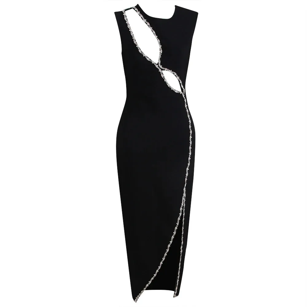 Trend4us Women's Chic Crystal Embellished Cutout Slit Gown